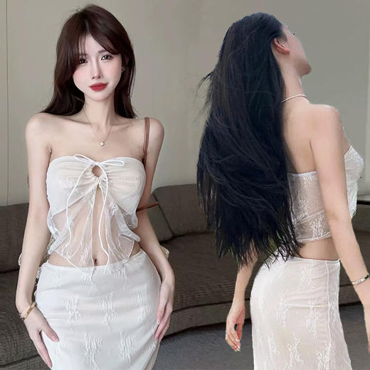 【绑带镂空❗️蕾丝抹胸裙】显瘦显身材，海边玩水穿搭一步到位，纯欲氛围感拉满，度假拍照出片率超高，纯色比基尼泰式甜美长裙沙滩温泉泳衣L 商品图1