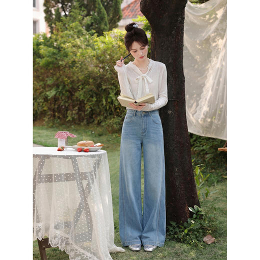 鹿向南「阔步藏海」蓝色直筒牛仔裤女夏新款修身百搭微喇高腰长裤 商品图2