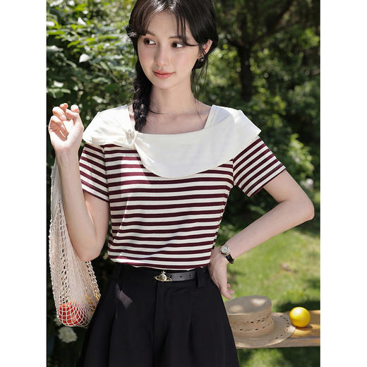 鹿向南「夏日晚风」法式甜美风条纹短袖T恤女夏新款别致小众上衣 商品图1