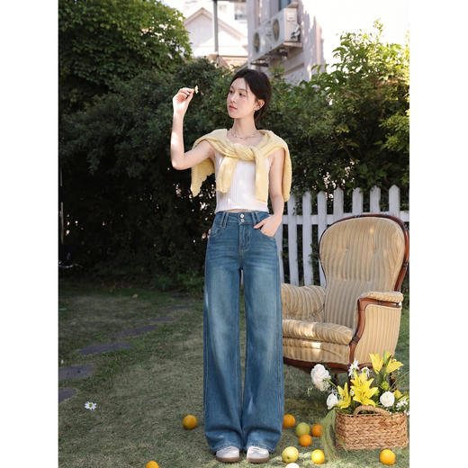 鹿向南「松叙漫行」双扣复古蓝阔腿牛仔裤女2026夏季新款百搭长裤 商品图2