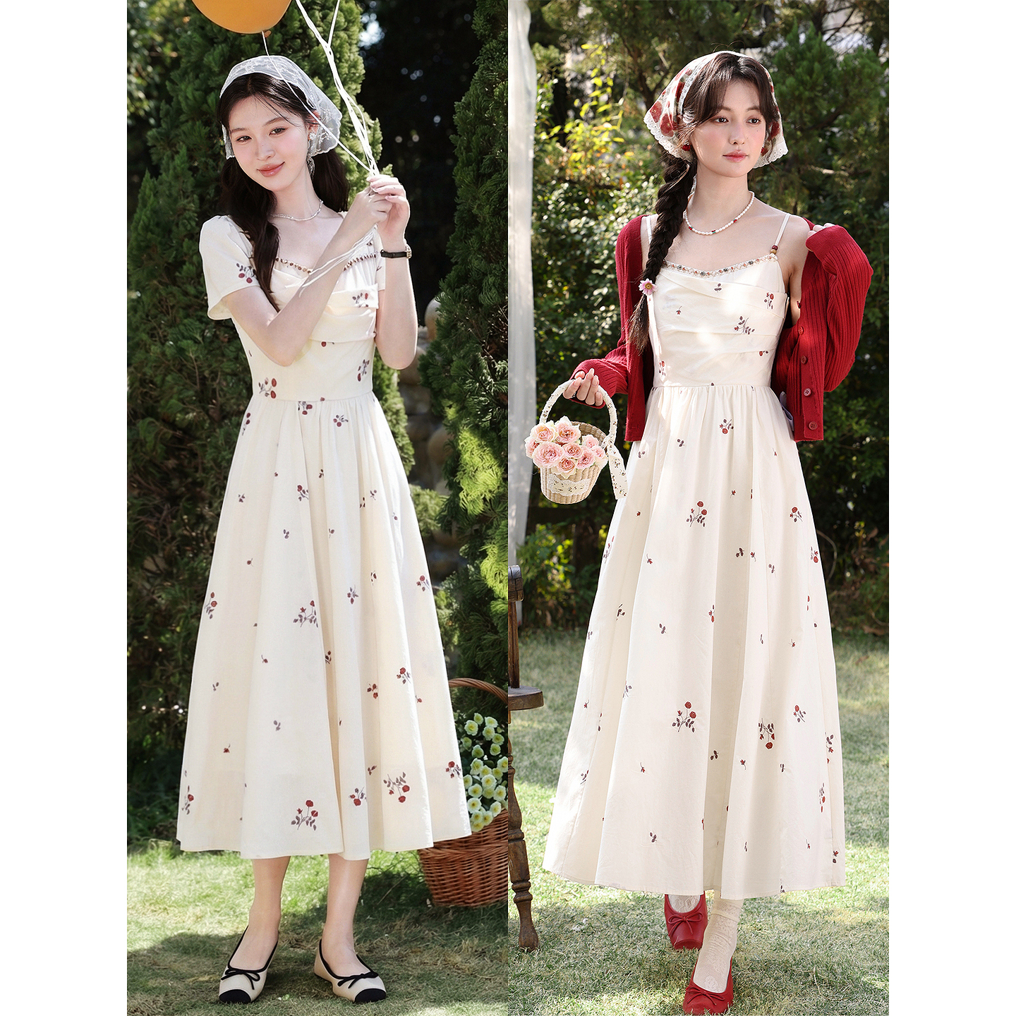 鹿向南「柔白樱序」杏色碎花连衣裙女夏季新款法式温柔风短袖长裙