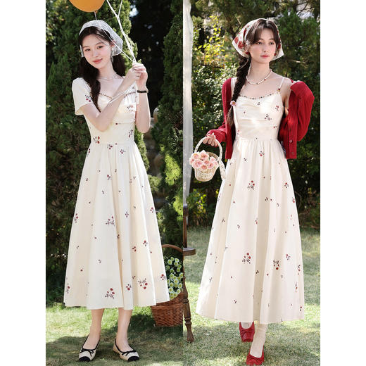 鹿向南「柔白樱序」杏色碎花连衣裙女夏季新款法式温柔风短袖长裙 商品图4