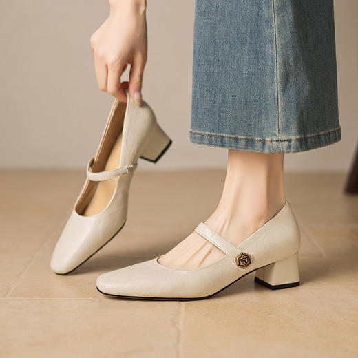 阿么手工女鞋复古优雅法式单鞋女2026新款真皮小方头玛丽珍鞋4CM 商品图1
