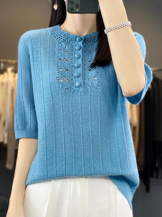 老板娘推荐！扬子纱100羊毛复古镂空刺绣五分袖针织套头显瘦打底衫 商品图3