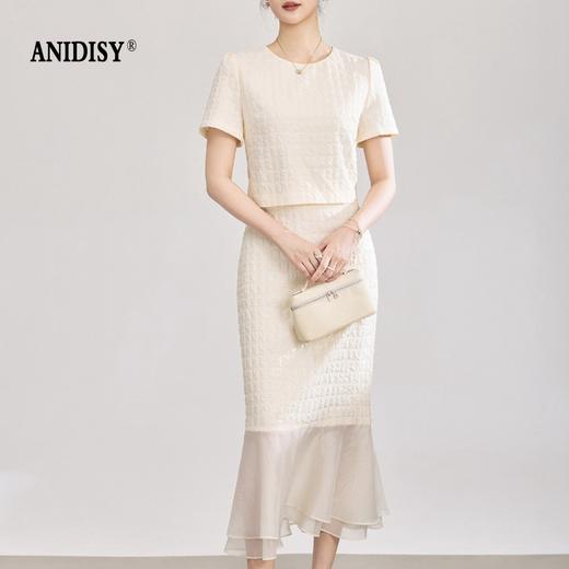 立体泡泡格圆领短袖上衣+拉链拼接欧根纱半裙套装 商品图2