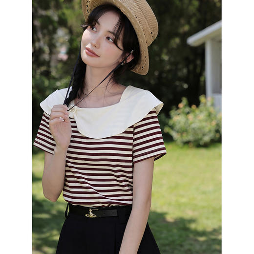 鹿向南「夏日晚风」法式甜美风条纹短袖T恤女夏新款别致小众上衣 商品图4