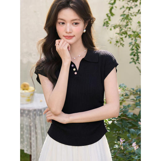 鹿向南「夜雾星斑」法式气质显瘦黑色T恤女夏季修身短袖针织上衣 商品图0