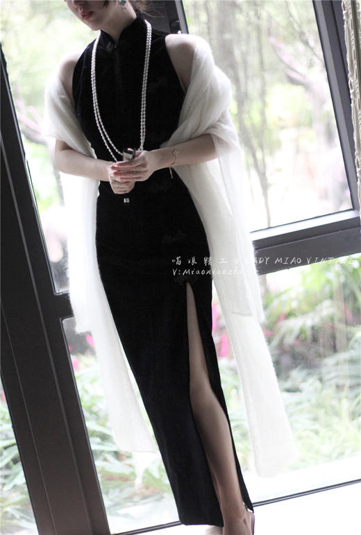 【复团定金】喵娘精工/定制/《军阀旗袍》削肩版禁欲系高级骚黑色丝绒高叉旗袍#款号1005 商品图5