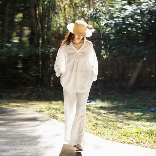 特绽放097朵/蓝天白云*21支纯亚麻木耳边v领一手长碎褶长袖衬衫女 商品图2