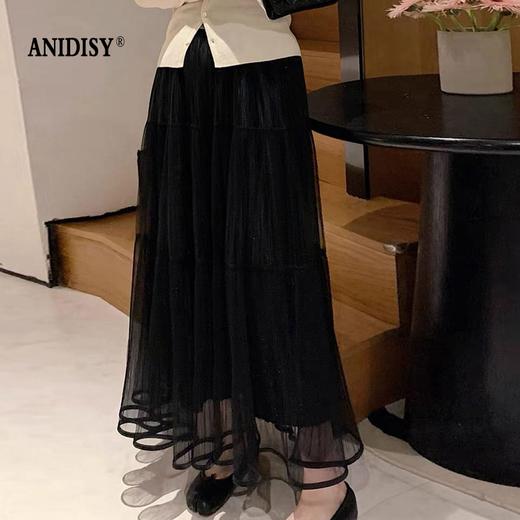时尚网纱压褶高腰松紧腰飘逸垂感半身裙 商品图2