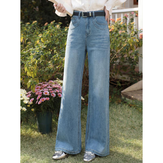 鹿向南「海浪轻吟」蓝色复古微喇阔腿牛仔裤女春显瘦宽松直筒长裤 商品图4