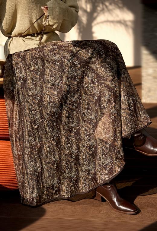 巴塞光影"流浪"伞裙度假风复古印花压褶大摆半身裙 商品图4