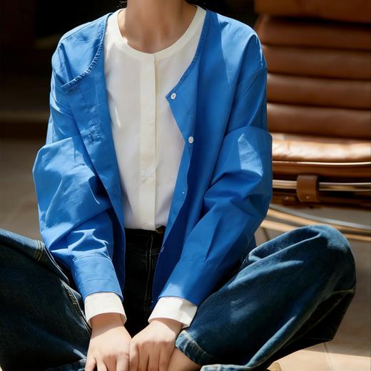 LONGNVFAIR克莱因蓝纯棉假两件拼接衬衫 通勤懒人福音 省去叠穿烦恼 商品图1