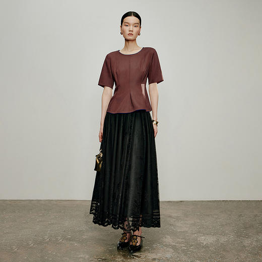 【林栖设计小店】落日霞光|素平缎红云纱荷叶边修身显瘦2026夏新款T恤1962029 商品图4