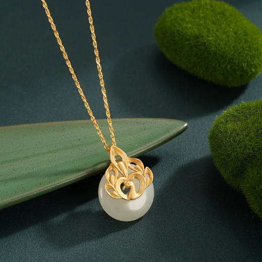 子佩集【翎舞芳华】S925银套链【DZ04976】镀金孔雀平安扣和田玉古法银项链2510 商品图3