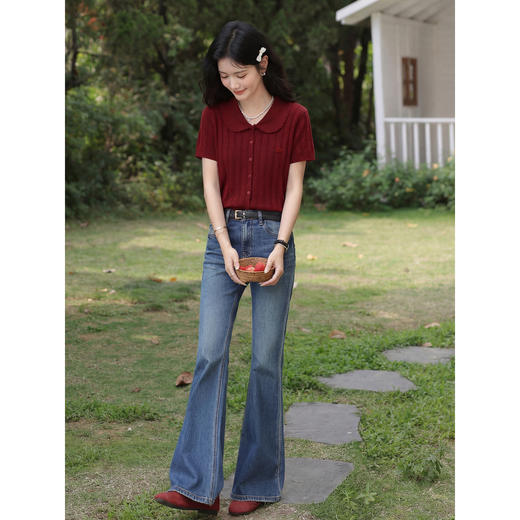 鹿向南「慕斯柔风」复古娃娃领红色针织衫短袖T恤女显瘦开衫上衣 商品图3