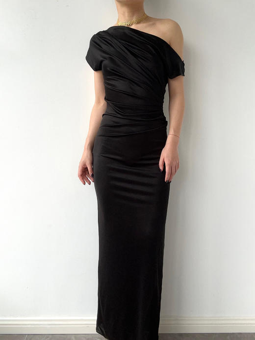 SIJIA｜SS2653 黑色醋酸斜肩短袖连衣裙 商品图12