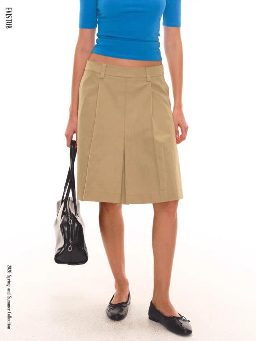 Evistub girls/E-6CZQ1918/复古褶裥中裙  尼龙肌理挺括开叉A型低腰半裙 商品图0