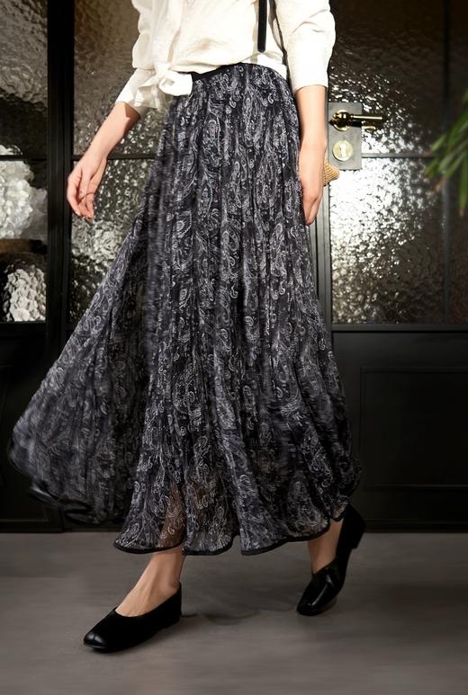 巴塞光影"流浪"伞裙度假风复古印花压褶大摆半身裙 商品图9