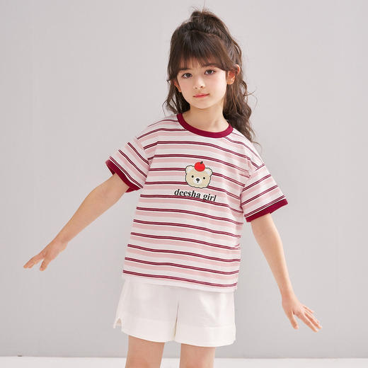 笛莎/Deesha 松饼熊2026年夏季新款童装女童条纹撞色T恤 商品图1