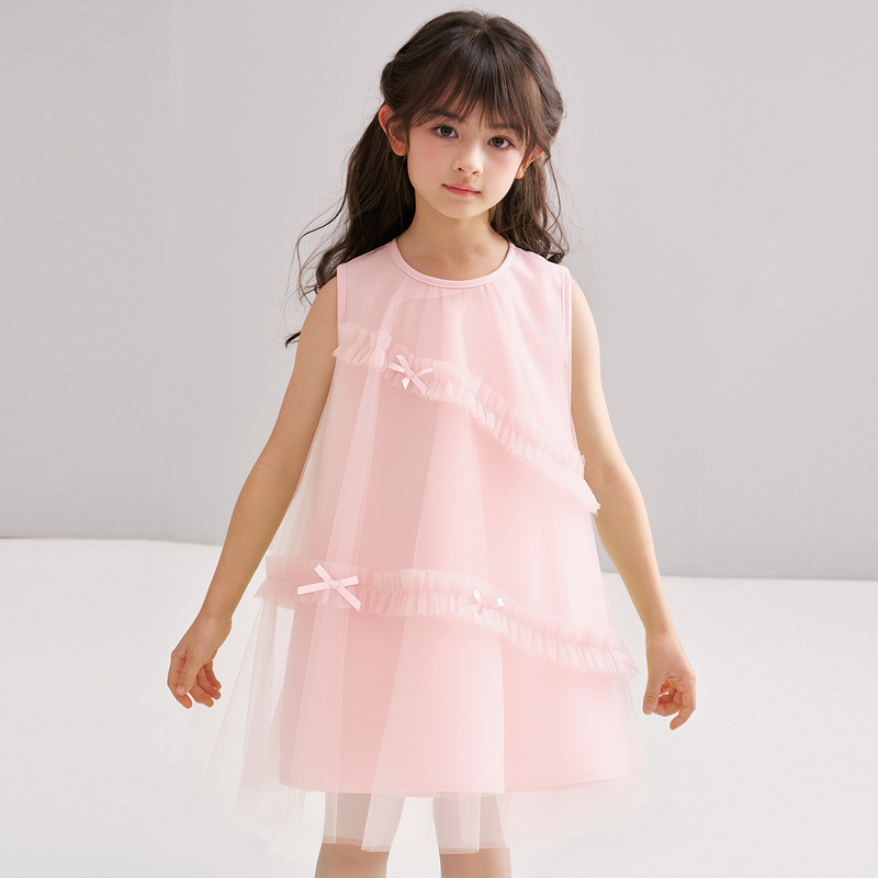 笛莎/Deesha 松饼熊2026年夏季新款童装女童甜美蝴蝶结装饰A版网纱连衣裙