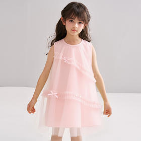 笛莎/Deesha 松饼熊2026年夏季新款童装女童甜美蝴蝶结装饰A版网纱连衣裙