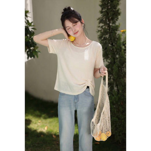 鹿向南「慵懒日常」杏色轻薄T恤罩衫女夏季新款法式气质镂空上衣 商品图3