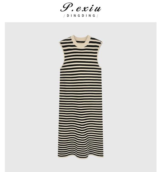 03-3潘依绣丁丁宠粉【心动暗号】慵懒风圆领条纹气质无袖连衣裙 Q0331 商品图0