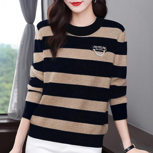 大码条纹打底衫女秋冬新款休闲套头针织上衣中年妈妈圆领女士毛衣 商品图2
