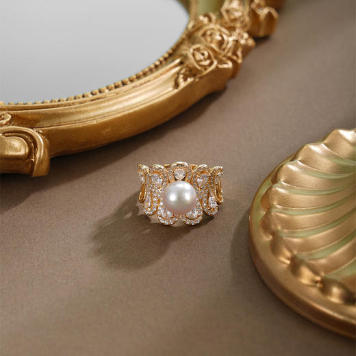 子佩集【女王加冕】银S925珍珠AOYA奥雅戒指【HJYJZ009】8mm珠镀金爱心水滴皇冠2512 商品图1