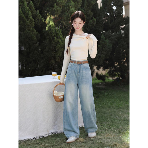 鹿向南「夏风罗曼」蓝色阔腿牛仔裤女春夏拼接高腰显瘦宽松长裤子 商品图4