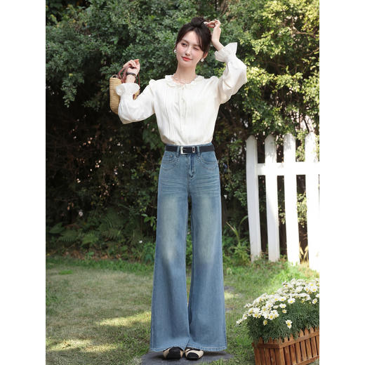 鹿向南「海浪轻吟」蓝色复古微喇阔腿牛仔裤女春显瘦宽松直筒长裤 商品图1