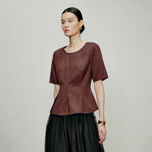 【林栖设计小店】落日霞光|素平缎红云纱荷叶边修身显瘦2026夏新款T恤1962029 商品图0