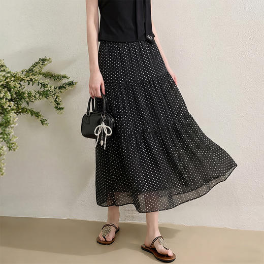 西遇黑色网纱波点女2026春夏新款高腰显瘦a字大摆长半身裙子H0060216 商品图0