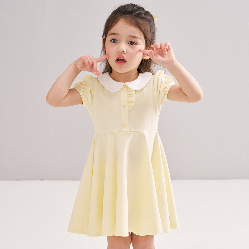 笛莎/Deesha 松饼熊2026年夏季新款童装女童甜美学院风翻领针织短袖连衣裙