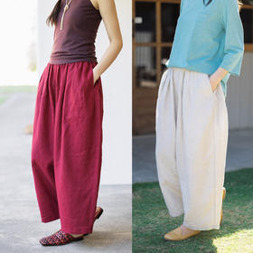 特绽放101朵/旅行的心动*14支纯亚麻宽松压褶阔腿裤弯刀显瘦长裤