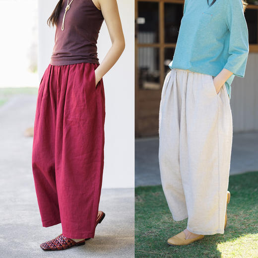 特绽放101朵/旅行的心动*14支纯亚麻宽松压褶阔腿裤弯刀显瘦长裤 商品图0