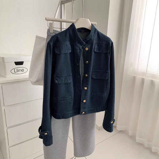 洋气复古小香风牛仔外套！2026女水洗钴蓝色金扣立领小个子短款开衫春季！ 商品图1