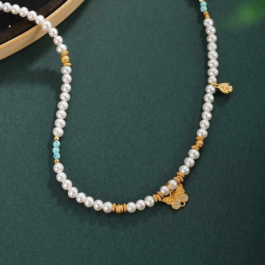 子佩集【蝴蝶之舞】银S925珍珠AOYA奥雅项链【QNX0007】3mm珠绿松石镀金蝴蝶2512 商品图3