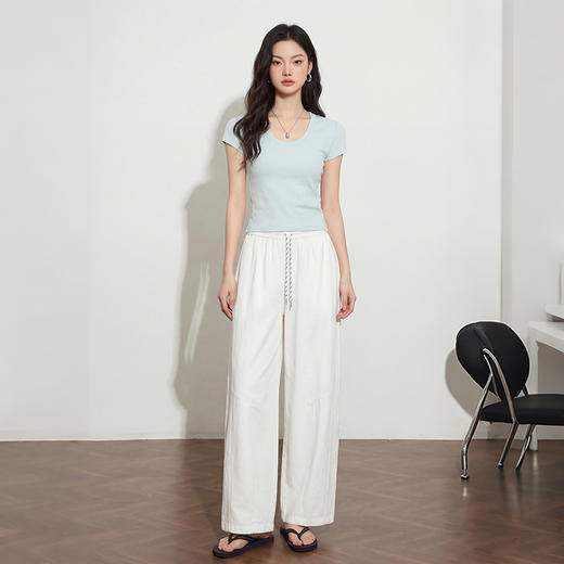西遇慵懒百搭纯色2026春季新款潮街头风松紧腰抽绳显瘦阔腿长裤女H0060214 商品图1