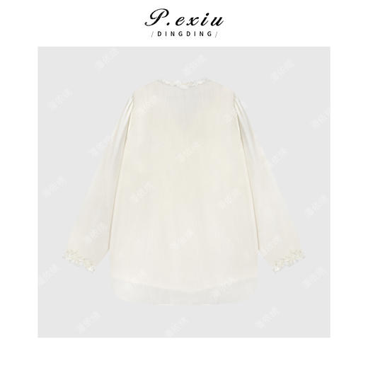 100%人丝丝绒精致感蕾丝木耳边V领长袖衬衫W-63705 商品图2