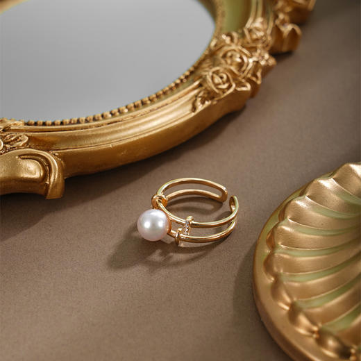 子佩集【奔赴之恋】银S925珍珠AOYA奥雅戒指【HJYJZ008】8mm珠镀金双圈两层2512 商品图1