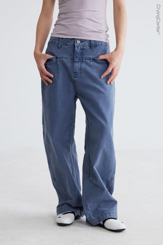 CryingCenter休闲复古法工蓝洗水做旧工装裤修饰腿形小弯刀长裤 商品图4