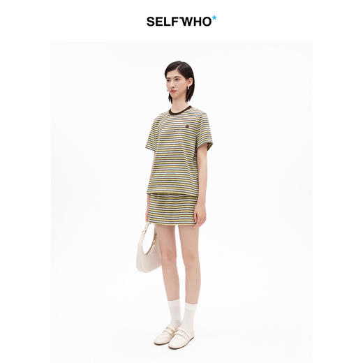 SELFWHO棉混纺经典撞色条纹A字短裙女2026夏新款休闲松紧腰半身裙 商品图1