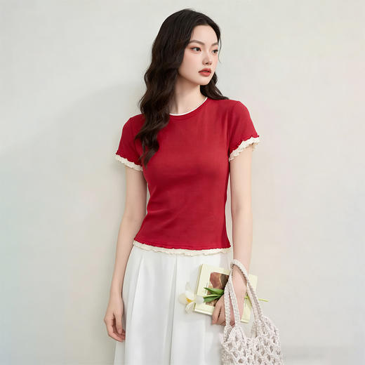 西遇轻奢小众2026春夏新款木耳边拼接修身显瘦女气质上衣短袖T恤H0060196 商品图4