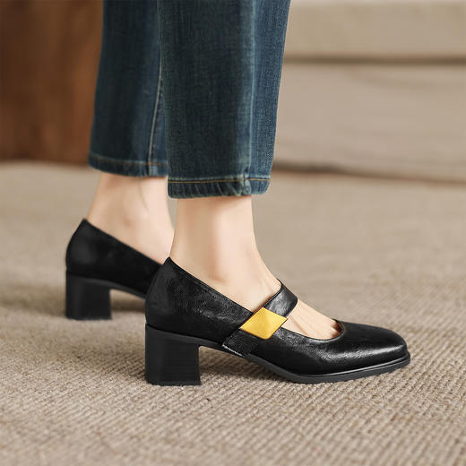 阿么手工女鞋复古粗跟一字带浅口单鞋春季新款真皮玛丽珍鞋女5CM 商品图3