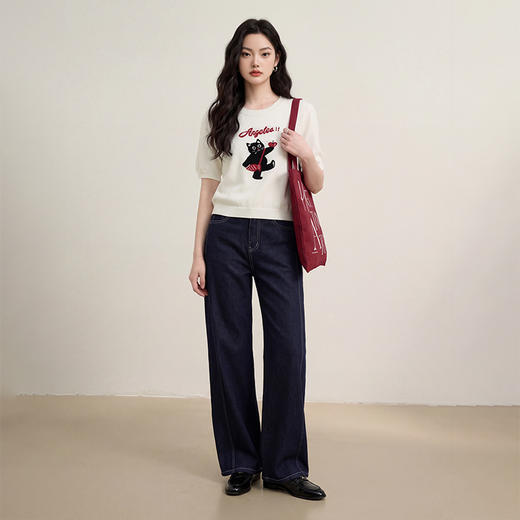 西遇可爱甜酷风2026新款春季卡通猫咪短袖毛衣圆领针织衫上衣T恤H0060218 商品图1