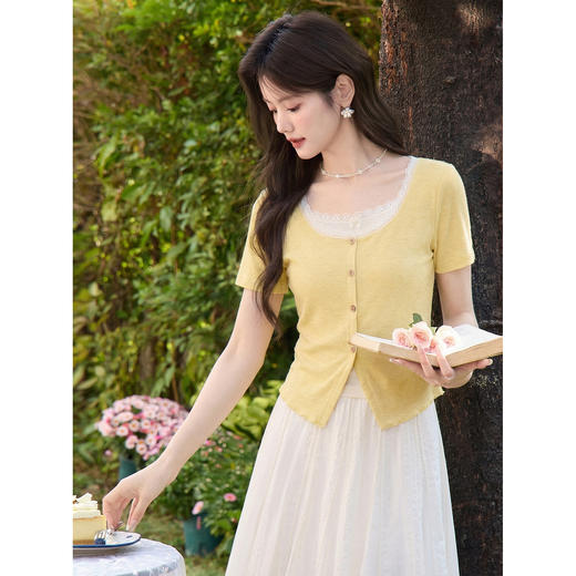 鹿向南「浅夏拾光」法式黄色短袖T恤女夏独特漂亮巨好看收腰上衣 商品图3