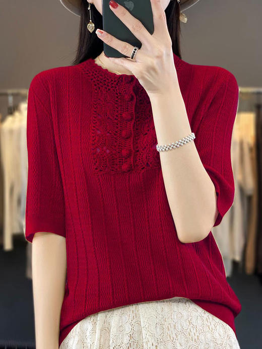 老板娘推荐！扬子纱100羊毛复古镂空刺绣五分袖针织套头显瘦打底衫 商品图2