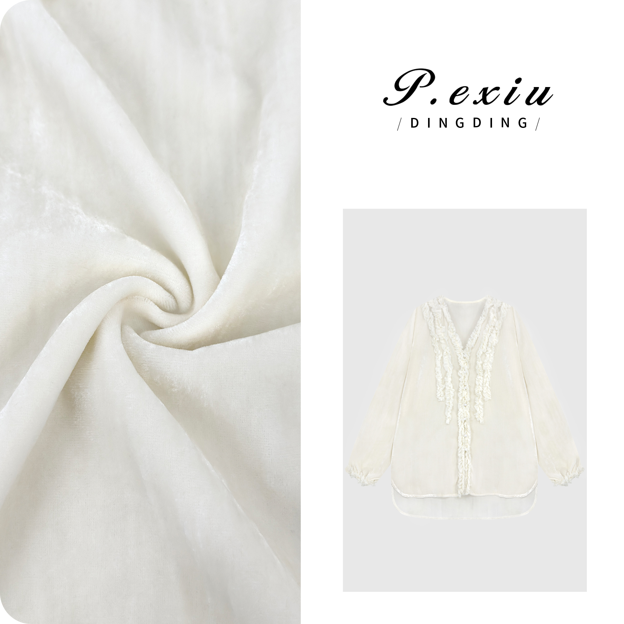 100%人丝丝绒精致感蕾丝木耳边V领长袖衬衫W-63705